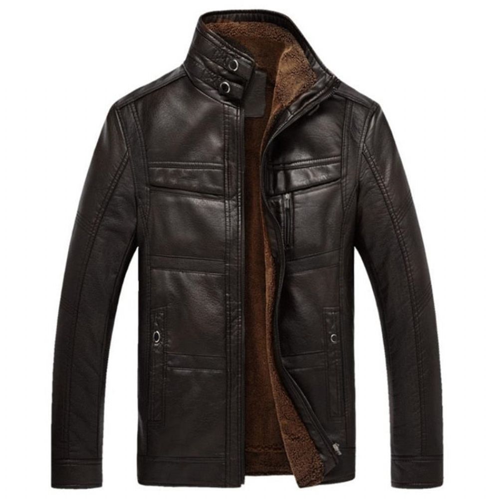Pu Leather Plus Velvet Stand Collar Jacket