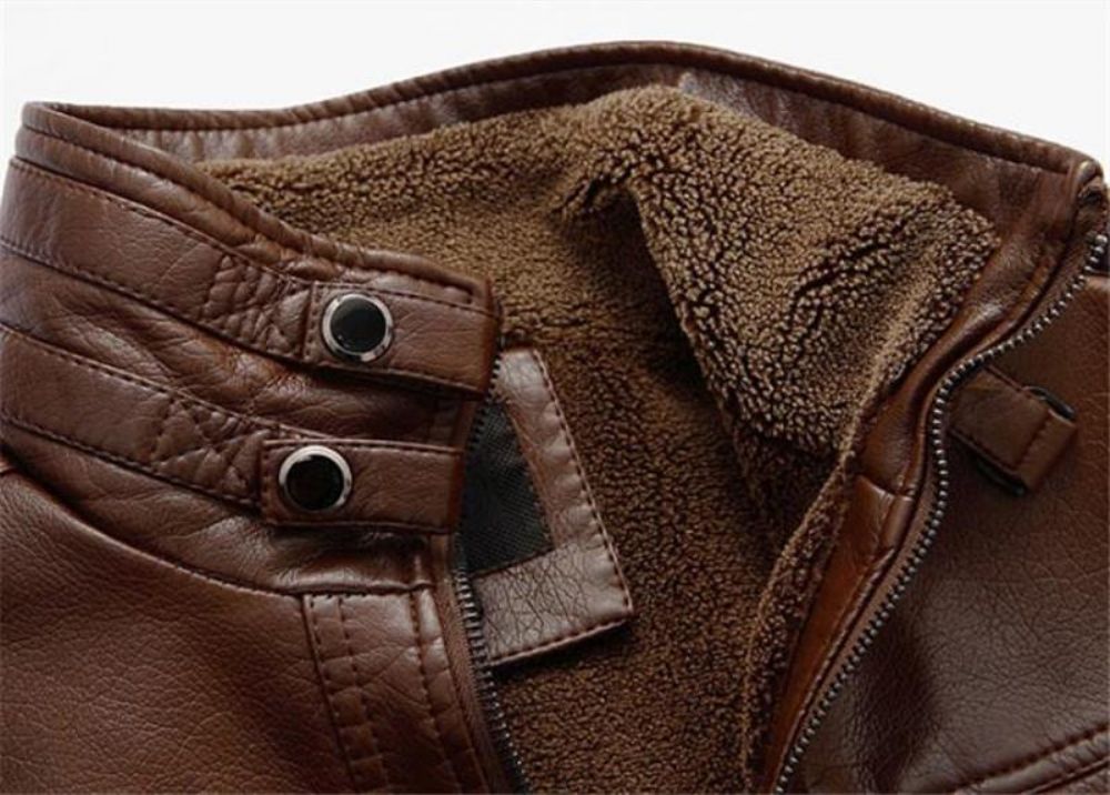 Pu Leather Plus Velvet Stand Collar Jacket